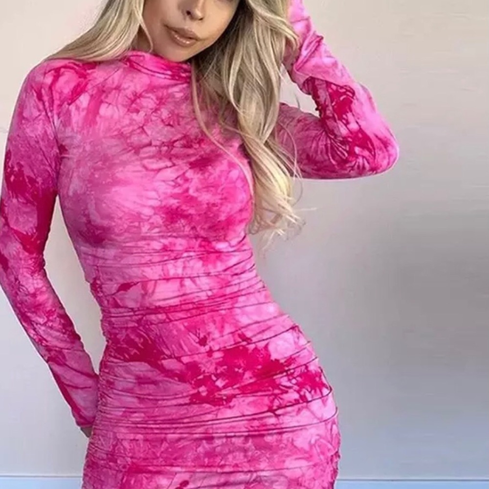 Pink Bodycon Mock Neck Midi Dress